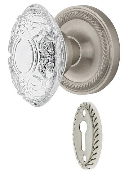 Rope Rosette Mortise-Lock Set with Victorian Crystal-Glass Knobs in Satin Nickel.